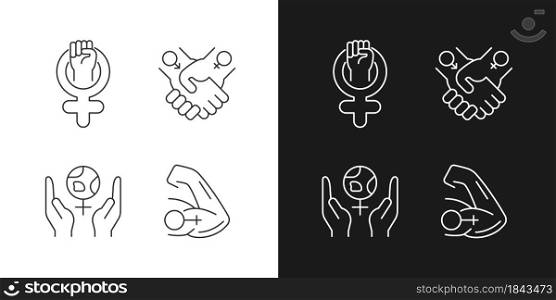 Girl power linear icons set for dark and light mode. Leadership in movement. Equitable relationships. Customizable thin line symbols. Isolated vector outline illustrations. Editable stroke. Girl power linear icons set for dark and light mode