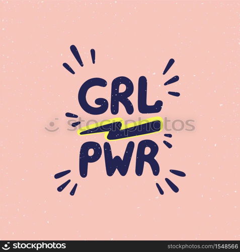 Girl power movement. Feminist slogan grl pwr on Pink background. Feminist movement, protest action, girl power. Vector illustration. Girl power movement. Doodle style Girl portraits and feminist slogan grl pwr on white background. Feminist movement, protest action, girl power. Vector illustration.