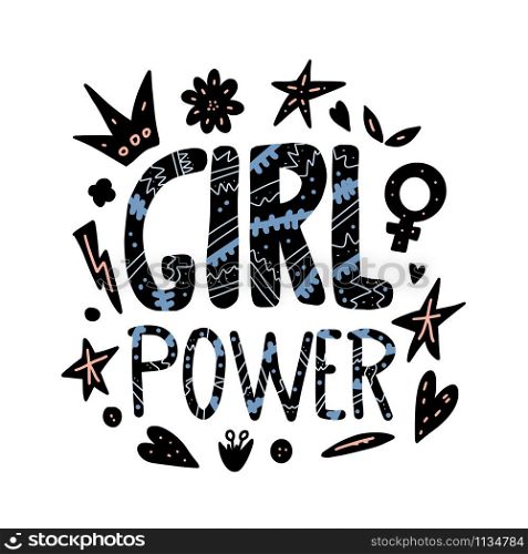 Girl power poster elements. Quote with decoration isolated on white background. Vector color illustration.