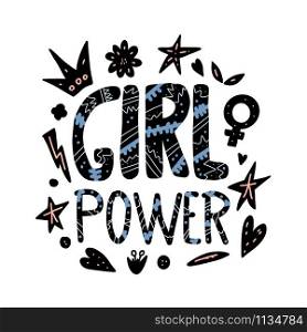 Girl power poster elements. Quote with decoration isolated on white background. Vector color illustration.