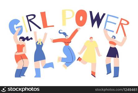 Girl Power Poster in Modern Style. Flat Happy Young Woman Dancing, Gesturing Rock Star Sign, Jumping. Freedom, Gender Equality Label. Vector Design Illustration. Motivational Slogan Feminism Quote. Girl Power Poster Flat Character Afflation Design