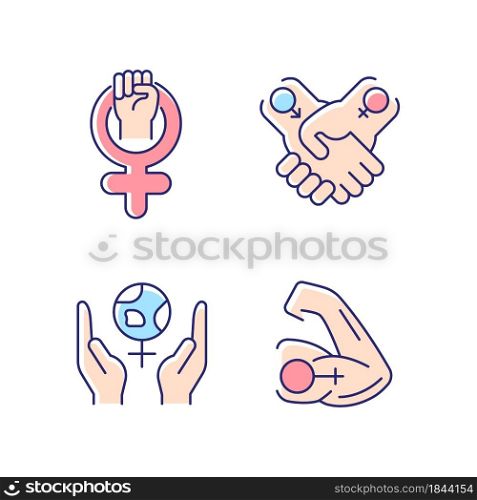 Girl power RGB color icons set. Leadership in movement. Equitable relationships. Feminism support. Mentally strong women. Isolated vector illustrations. Simple filled line drawings collection. Girl power RGB color icons set
