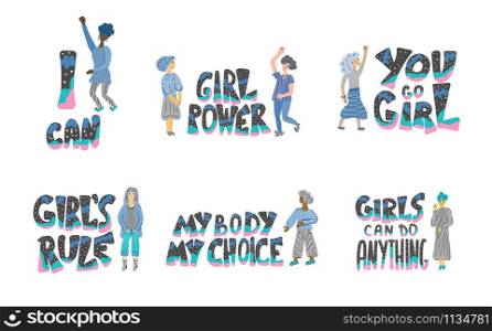 Girl power set of quotes with women characters isolated. GRL PWR hand lettering. Feminist slogans. You go girl, My body my choice, The future is female phrases. Vector illustration.