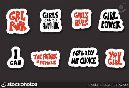 Girl power set of sticker quotes isolated on dark background. GRL PWR hand lettering. Feminist slogans. You go girl, My body my choice, The future is female, I can phrases. Vector illustration.