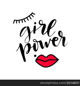 Girl power text, feminism slogan. Black inscription for t shirts, posters and wall art. Feminist sign handwritten with ink and brush.. Girl power lettering quote, feminism slogan. Black inscription with red lipd and closed eye for t shirts, posters, tote bags, notebooks and wall art. Feminist sign handwritten with ink and brush. Girly design