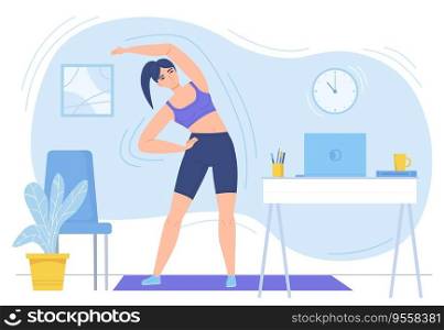 Girl practicing fitness on mat at home. Online sport, healthy lifestyle, remote work break concept. Stock vector illustration isolated on white background in flat cartoon style.. Girl practicing fitness on mat at home. Online sport, healthy lifestyle, remote work break concept. Stock vector illustration isolated on white background in flat cartoon style