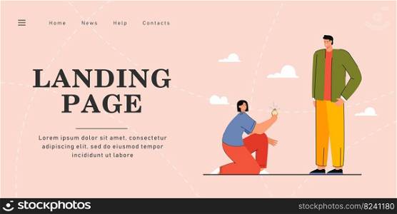Girl proposing to man flat vector illustration. Girlfriend kneeling and offering engagement ring to boyfriend. Role reversal, feminism, love concept for banner, website design or landing web page