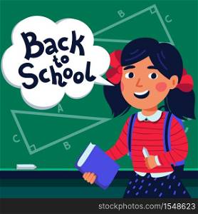Girl pupil in front of blackboard. Happy child holding book and speech bubble with back to school text. Flat style vector illustration. Girl pupil in front of blackboard. Happy child holding book and speech bubble with back to school text. Flat style vector illustration.