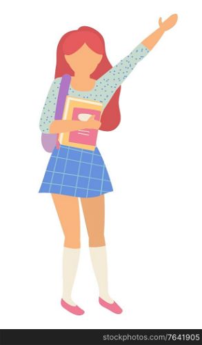 Girl pupil standing with book, schoolgirl with rising hand. Child in casual clothes with backpack, kid back to school, learner character, primary vector. Back to school concept. Flat cartoon. Pupil with Books, Girl Learner, School Vector