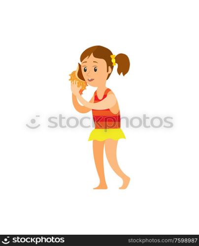 Girl putting seashell on hear, listening shell, portrait and full length view of child wearing orange dress, flat style of standing woman on white vector. Woman Listening Seashell, Girl in Dress Vector