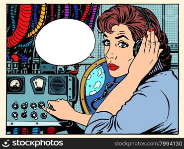 Girl radio space communications with astronauts pop art retro style. The mission control center. Manager flights. Science fiction space and planets. Girl radio space communications with astronauts
