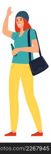 Girl raising hand in greeting gesture. Happy young woman with school bag. Vector illustration. Girl raising hand in greeting gesture. Happy young woman with school bag