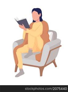 Girl read on sofa semi flat color vector characters. Interacting figures. Full body people on white. Cozy lifestyle isolated modern cartoon style illustration for graphic design and animation. Girl read on sofa semi flat color vector characters