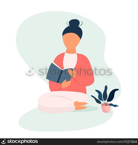 Girl reading a book. Conceptual vector illustration. Smart youth. Learning process. Suitable for educational courses, trainings, promotional leaflets. Girl sitting and reading a book. Learning process.