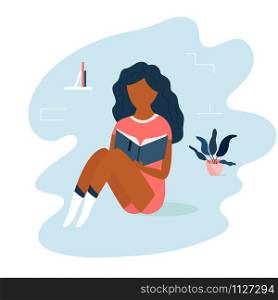 Girl reading a book in a library. Conceptual vector illustration. Smart youth. Learning process. Girl sitting and reading a book in a room.