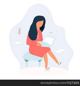 Girl reading a book in a library. Conceptual vector illustration. Smart youth. Learning process. Girl sitting and reading a book in a room.
