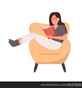 Girl reading a book in the chair. Vector illustration in flat style.