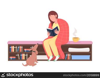 Girl reading at home semi flat color vector character. Resting figure. Full body person on white. Cozy life isolated modern cartoon style illustration for graphic design and animation. Girl reading at home semi flat color vector character