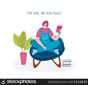 girl reading book and resting in home room in armchair, student read and study, literature fan or lover concept, modern flat cartoon textured people character isolated on white - vector illustration. Literature fans people with books