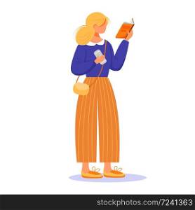 Girl reading book flat vector illustration. Blond lady passionate by publication. Young caucasian woman standing, holding textbook and phone isolated cartoon character on white background