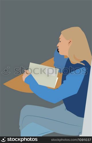 Girl reading book, illustration, vector on white background.