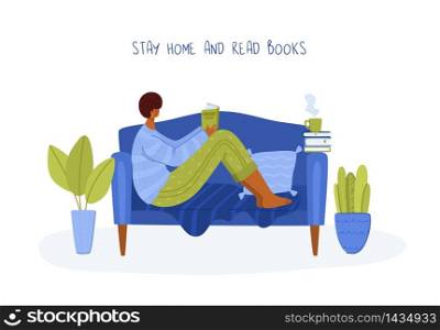 girl reading book in cozy home room on sofa, student read and study, literature fans or lovers concept, modern flat cartoon textured people character isolated on white - vector illustration. Literature fans people with books