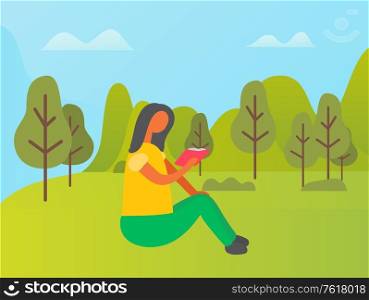 Girl reading book in park, woman in casual clothes sitting on grass. Cloudy sky and green trees, flat design style, relaxation or studying outdoor vector. Woman Sitting on Grass and Reading Book Vector