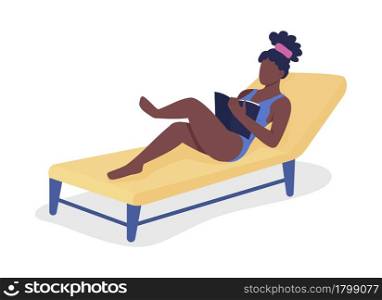 Girl reading book on beach semi flat color vector character. Lying figure. Full body person on white. Sunbathing isolated modern cartoon style illustration for graphic design and animation. Girl reading book on beach semi flat color vector character