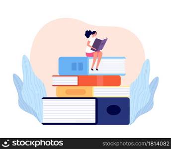 Girl reading book. Outdoor learning, female read and relax on books pile. Isolated student, person study in library college vector concept. Character reading literature book illustration. Girl reading book. Outdoor learning, female read and relax on books pile. Isolated student, person study in library college vector concept