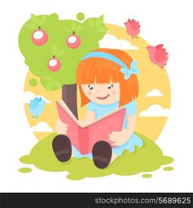 Girl reading book outdoors with tree and birds on background poster vector illustration