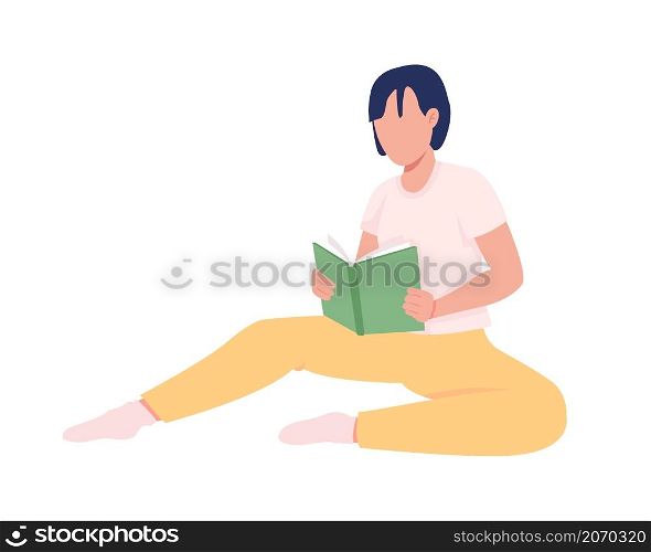 Girl reading book semi flat color vector character. Posing figure. Full body person on white. Hygge lifestyle isolated modern cartoon style illustration for graphic design and animation. Girl reading book semi flat color vector character