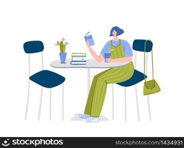 Girl reading book sitting in cafe or her kitcen, student read and study, literature fan or lover concept, modern flat cartoon textured people character isolated on white - vector illustration. Literature fans people with books