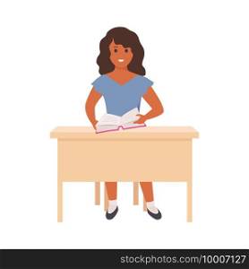 Girl reading book. Smart smiling child sitting on chair with books, happy clever student in classroom, education and knowledge vector cartoon studying in school concept, flat style isolated character. Girl reading book. Smart smiling child sitting on chair with books, happy clever student in classroom, education and knowledge vector cartoon studying concept, flat style isolated character