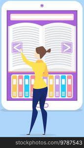 Girl reading book with digital service for smartphone. Studying with archive of books. Electronic library, online book store, ebook in smartphone app. Woman selects literature in online library. Woman selects literature in online library. Girl reading book with digital service for smartphone