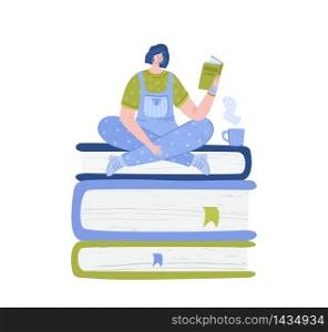 girl reading book with tea cup, student read and study, literature fan or lover concept, woman rests with novel, modern flat cartoon textured people character isolated on white - vector illustration. Literature fans people with books
