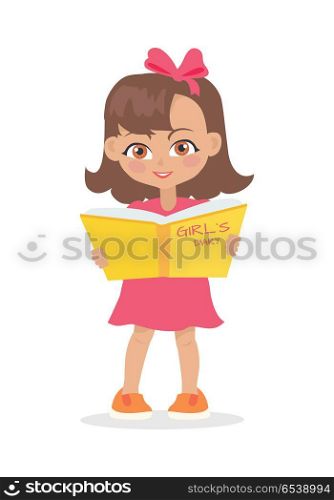 Girl Reading Girls Diary Book Isolated on White.. Girl reading girls diary book isolated on white. Adorable little girl has leisure time. School girl during break. Young lady at playground, playing, walking, writing secrets. Daily activity. Vector