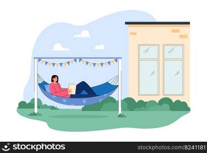 Girl reading paper book in hammock on home backyard or garden. Calm leisure and relax of happy young woman lying in hammock outdoors flat vector illustration. Vacation, weekend, lifestyle concept. Girl reading paper book in hammock on home backyard or garden