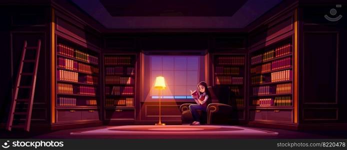 Girl reads book in old library at night. Vector cartoon illustration of luxury home library interior with reading woman in chair, wooden bookcases, ladder and l&. Girl reads book in old luxury library at night