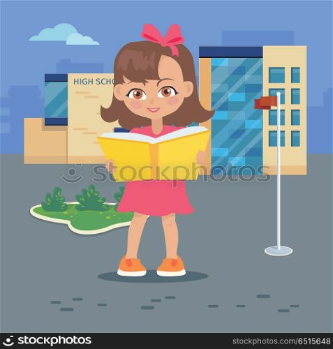 Girl Reads Book Near High School Building isolated. Girl reads a book near high school building isolated on white. Adorable girl has leisure time. Student during break. Young lady at the university in flat style design. Daily activity. Vector
