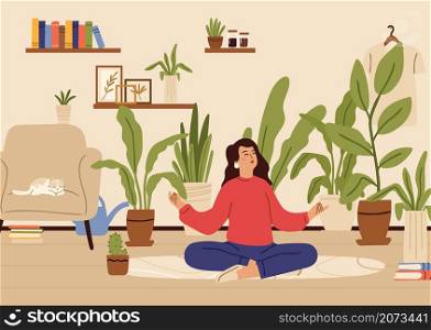 Girl relaxed in home garden. Recreation time, young happy female character and plants in pots. Woman meditation in room vector concept. Illustration recreation, harmony place for meditation. Girl relaxed in home garden. Recreation time, young happy female character and plants in pots. Woman meditation in room vector concept