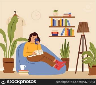 Girl relaxed. Woman home, cat sleep on knee. Young female using smartphone in living room. House garden, domestic plants in relax zone vector concept. Illustration woman in house, cozy chair. Girl relaxed. Woman home, cat sleep on knee. Young female using smartphone in living room. House garden, domestic plants in relax zone vector concept