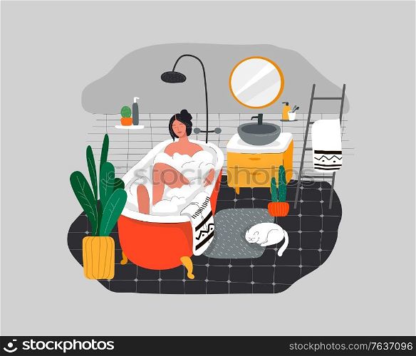 Girl relaxes in bath with foam and sleeping cat. Daily life and everyday routine scene by young woman in scandinavian style cozy bathroom with homeplants. Cartoon vector illustration.. Girl relaxes in bath with foam and sleeping cat. Daily life and everyday routine scene by young woman in scandinavian, style cozy bathroom with homeplants. Cartoon vector