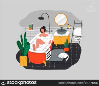 Girl relaxes in bath with foam and sleeping cat. Daily life and everyday routine scene by young woman in scandinavian style cozy bathroom with homeplants. Cartoon vector illustration.. Girl relaxes in bath with foam and sleeping cat. Daily life and everyday routine scene by young woman in scandinavian, style cozy bathroom with homeplants. Cartoon vector