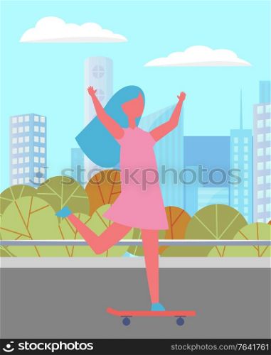Girl relaxing in city park. Woman on skateboard skating in pink dress. Person spend time actively doing her hobby. Beautiful landscape on background with skyscrapers. Vector illustration in flat style. Girl in City Park with Skateboard, Active Hobby