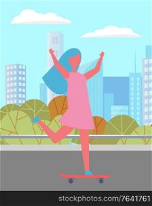 Girl relaxing in city park. Woman on skateboard skating in pink dress. Person spend time actively doing her hobby. Beautiful landscape on background with skyscrapers. Vector illustration in flat style. Girl in City Park with Skateboard, Active Hobby
