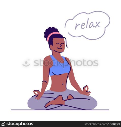 Girl relaxing in lotus position flat vector illustration. Yoga padmasana pose. Harmony of mind. Young woman meditating isolated cartoon character with outline elements on white background