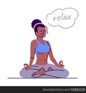 Girl relaxing in lotus position flat vector illustration. Yoga padmasana pose. Harmony of mind. Young woman meditating isolated cartoon character with outline elements on white background