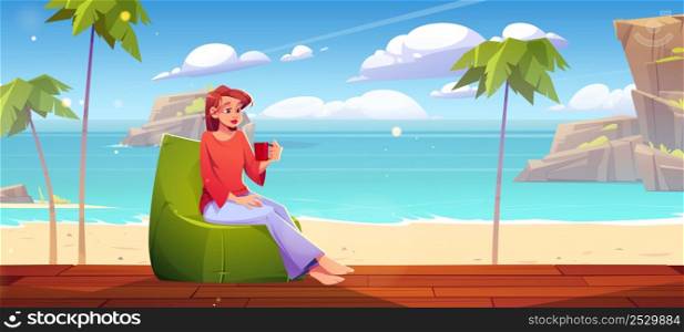 Girl rest on bungalow wooden porch on sand sea beach. Vector cartoon illustration of summer tropical landscape with palm trees, mountains in water and house terrace with girl in chair. Girl rest on bungalow wooden porch on sea beach