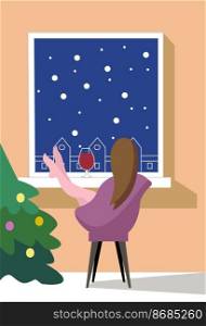 Girl rest sitting in a chair, drinking wine.Cozy corner with decorated Christmas tree Flat vector illustration