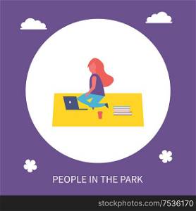 Girl resting on blanket in park isolated cartoon banner vector character. Teenager with long hair in casual clothes sitting on rug with laptop and books. Girl Resting on Blanket in Park Cartoon Banner